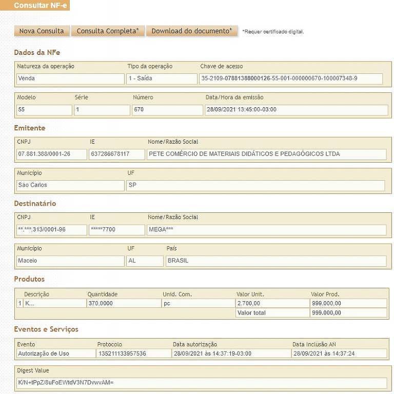 Nota fiscal em que a Megalic compra 370 kits de robótica por preço unitário de R$ 2.700 da empresa Pete, de São Paulo; a Megalic vendeu o kit a prefeituras por R$ 14 mil - Reprodução