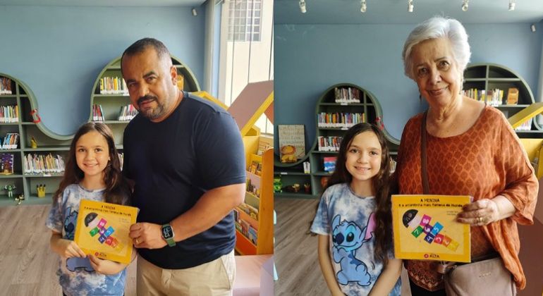 Autora de 8 anos, Ellis Giliolli Sofiati doa livro autoral para a Biblioteca Comunitária Adufg/Libris