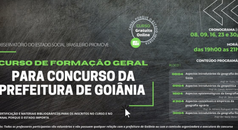 Observatório do Estado Social Brasileiro promove curso gratuito para concurso da Prefeitura de Goiânia