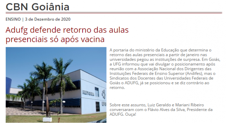 Presidente do Adufg defende retorno de aulas presenciais somente após vacina